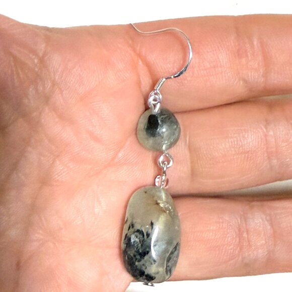 2/$20, Genuine Dark Green Tumbled Prehnite Sterling Silver Hook Dangle Earrings - Picture 10 of 11